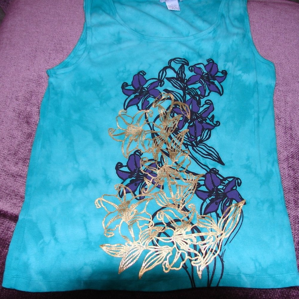 New Green Tank Top with Purple & Gold Flowers L